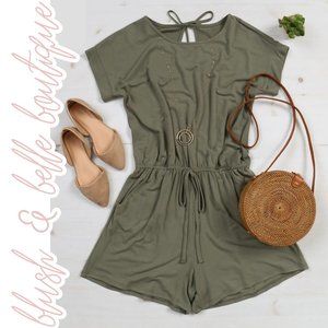 LANE Soft Elastic Waist Short Romper in Lt. Olive